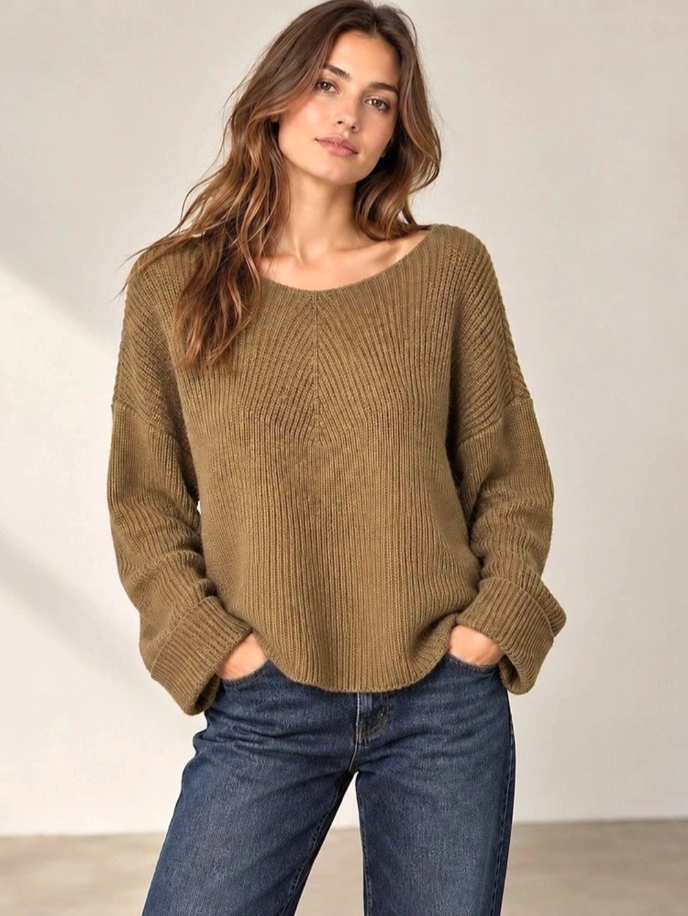 OAK + FORT Olive Brown Oversized Ribbed Knit Sweater S/P